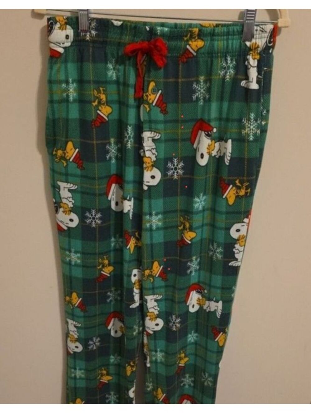 Peanuts Snoopy & Woodstock Holiday Lounge Pants Green Plaid Size Small
